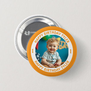 Badge Rond 5 Cm Photo Confetti personnalisée, nom et âge anniversa