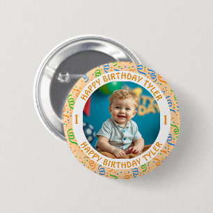 Badge Rond 5 Cm Photo Confetti personnalisée, nom et âge anniversa