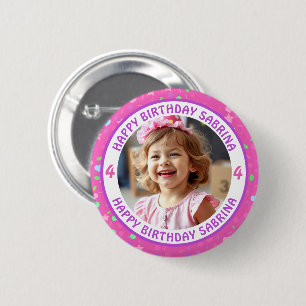 Badge Rond 5 Cm Photo Confetti personnalisée, nom et âge anniversa