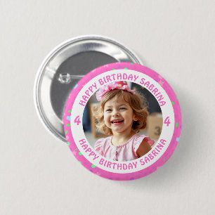 Badge Rond 5 Cm Photo Confetti personnalisée, nom et âge anniversa
