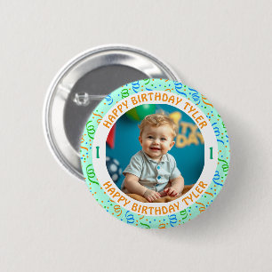 Badge Rond 5 Cm Photo Confetti personnalisée, nom et âge anniversa