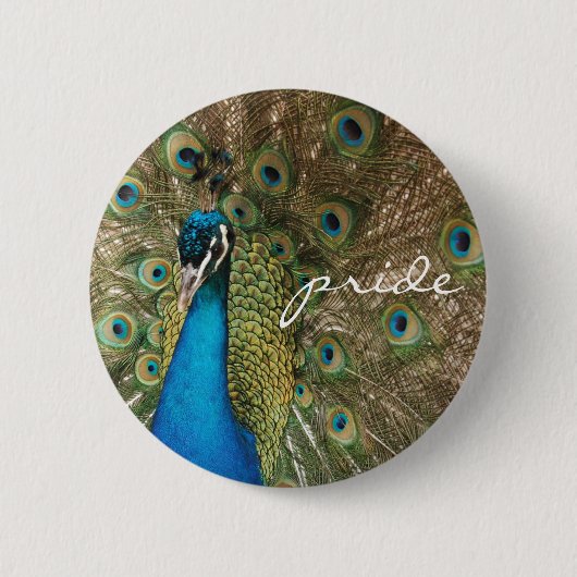 Badge Rond 5 Cm Photo couleur riche Peacock avec message "Fierté" (Devant)