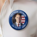 Badge Rond 5 Cm Photo de campagne avec type courbe - Bleu et blanc<br><div class="desc">Ce design moderne et minimaliste comprend un espace pour une photo carré et une bordure bleue avec des polices sans serif. Vous pouvez ajouter le nom et le poste ou le slogan du candidat. Ce design traditionnel est parfait pour une campagne municipale ou un conseil scolaire local. Vous cherchez du...</div>