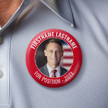 Badge Rond 5 Cm Photo de campagne avec type courbe - Rouge et blan<br><div class="desc">Ce design moderne et minimaliste comprend un espace pour une photo carré et une bordure rouge avec des polices sans serif. Vous pouvez ajouter le nom et le poste ou le slogan du candidat. Ce design traditionnel est parfait pour une campagne municipale ou un conseil scolaire local. Vous cherchez du...</div>