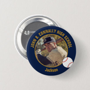 Badge Rond 5 Cm Photo de joueur de baseball en or bleu marine pour