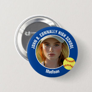Badge Rond 5 Cm Photo de joueuse de softball bleu Esprit de lycée