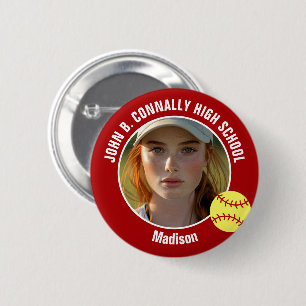 Badge Rond 5 Cm Photo de joueuse de softball rouge Esprit de lycée
