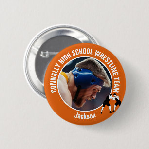 Badge Rond 5 Cm Photo d'équipe de lutte Orange Lycéen Lutteur