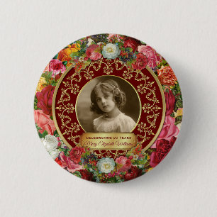 Badge Rond 5 Cm Photo Gold Roses magnifiques Commémoratif Bourgogn