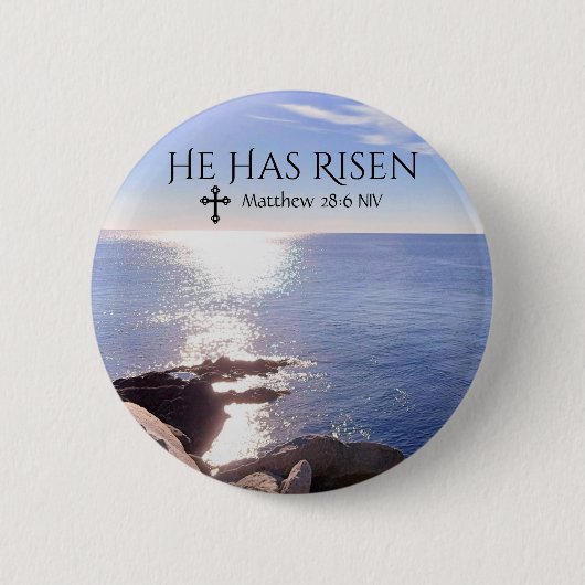 Badge Rond 5 Cm Photo Ocean Christ ressuscité Bible Verse Pâques (Devant)