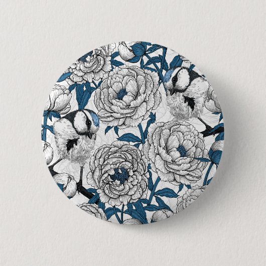 Badge Rond 5 Cm Pies blanches et mésanges bleues (Devant)
