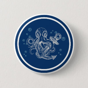 Badge Rond 5 Cm Pieuvre tenant une ancre