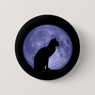 Badge Rond 5 Cm Pin de bouton de lune bleue de chat noir