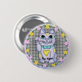 Badge Rond 5 Cm Pinceau Violet Lucky Chat (Devant & derrière)