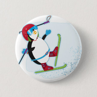 Badge Rond 5 Cm Pingouin tombant sur le ski