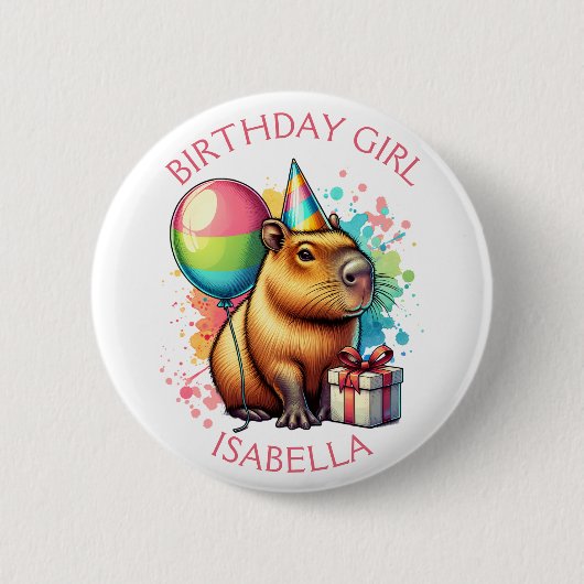 Badge Rond 5 Cm Pink Capybara Themed Birthday Girl Personalized (Devant)
