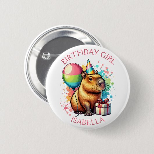Badge Rond 5 Cm Pink Capybara Themed Birthday Girl Personalized (Devant & derrière)