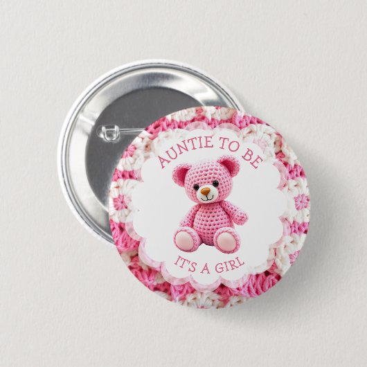 Badge Rond 5 Cm Pink Crocheted Teddy Bear | Aunt to Be (Devant & derrière)