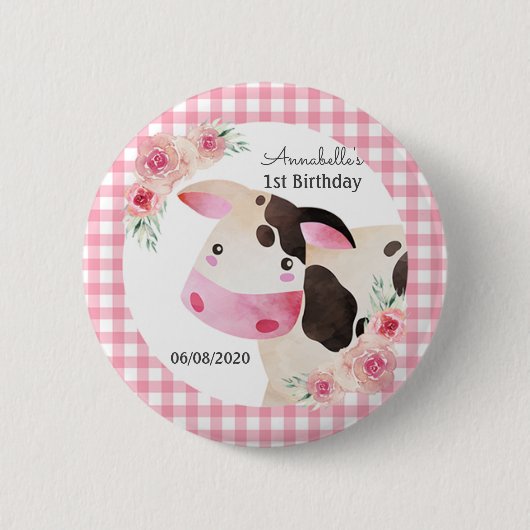 Badge Rond 5 Cm Pink En vichy Vache Anniversaire Favoriser (Devant)