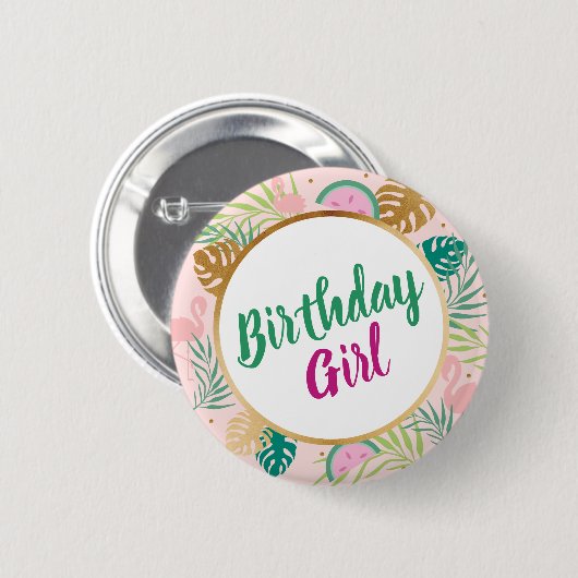 Badge Rond 5 Cm Pink, Green & Gold Watermelon Anniversaire tropica (Devant & derrière)