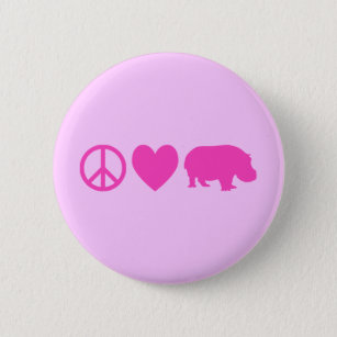 Badge Rond 5 Cm Pink Peace Love et Hippopotames