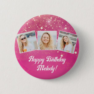Badge Rond 5 Cm Pink Sparkle Photo Collage Filles Anniversaire