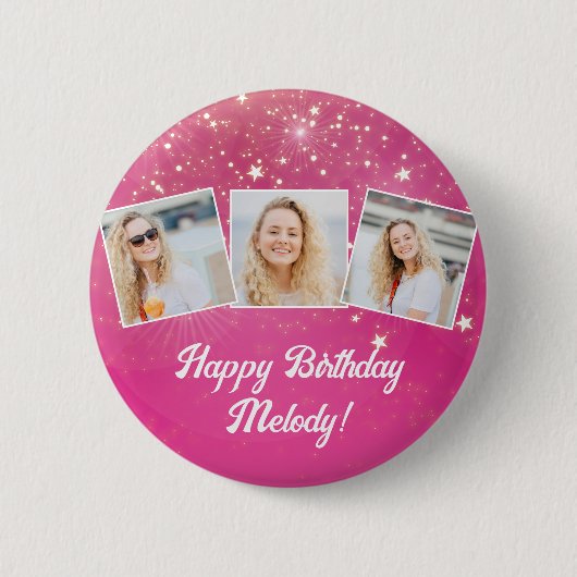 Badge Rond 5 Cm Pink Sparkle Photo Collage Filles Anniversaire (Devant)