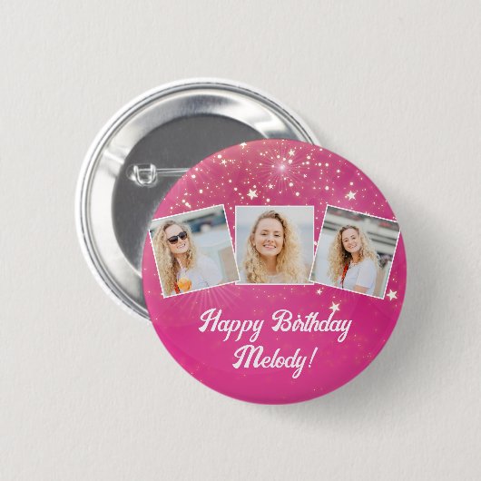 Badge Rond 5 Cm Pink Sparkle Photo Collage Filles Anniversaire (Devant & derrière)