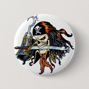 Badge Rond 5 Cm Pirate de crâne avec l'épée et le crochet par A
