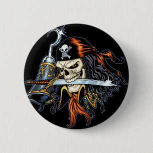 Badge Rond 5 Cm Pirate de crâne avec l'épée et le crochet par A