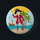 Badge Rond 5 Cm Pirate kid birthday<br><div class="desc">This product is for kids that love pirates and piracy stories. It feesta cute little pirate boy that has arrived on this island with palm trees. There's a pirate ship in the horizon waiting for him to return with a treasure! Seagulls are watching. This product is ideal for a pirate...</div>