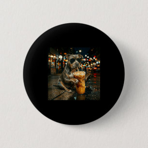 Badge Rond 5 Cm Pitbull drôle buvant du café glacé art de chien
