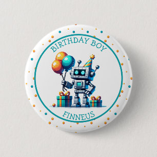 Badge Rond 5 Cm Pixel Art Robot en Orange et Turquoise Birthday Bo