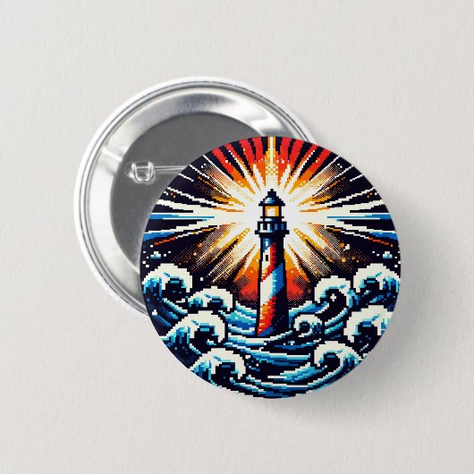 Badge Rond 5 Cm Pixel Lighthouse - Ocean Waves & Coastal Beacon (Devant & derrière)