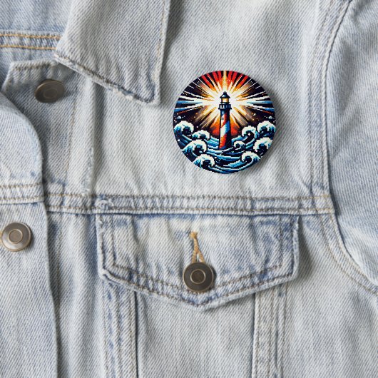 Badge Rond 5 Cm Pixel Lighthouse - Ocean Waves & Coastal Beacon (En situation)
