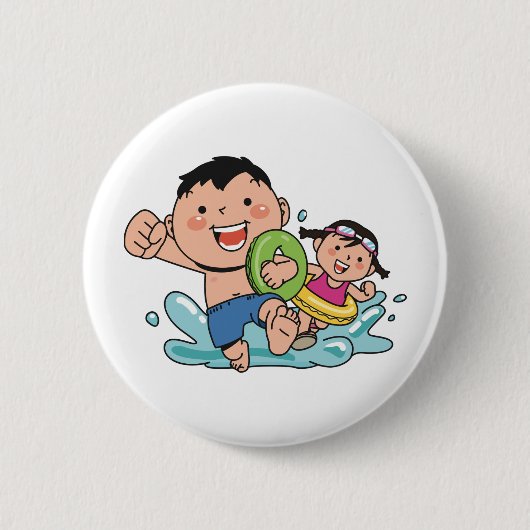 Badge Rond 5 Cm Plage Amusant, garçon et fille nageant à la plage, (Devant)