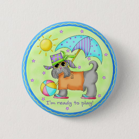 Badge Rond 5 Cm Plage Chien Whimsy Art Vert bleu (Devant)