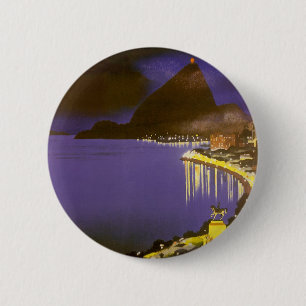 Badge Rond 5 Cm Plage Vintage la Nuit à Rio De Janeiro, Brésil