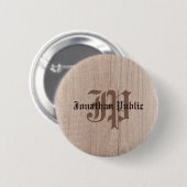 Badge Rond 5 Cm Planche Bois Look Monogramme Modèle Vieux Script (Devant & derrière)
