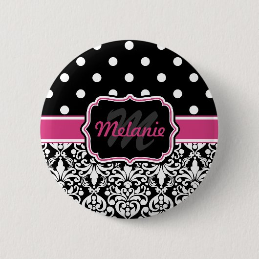 Badge Rond 5 Cm Point de Polka noir rose chaud (Devant)
