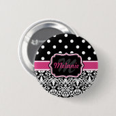 Badge Rond 5 Cm Point de Polka noir rose chaud (Devant & derrière)