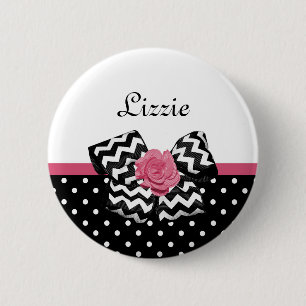 Badge Rond 5 Cm Points noirs mignons Rose rose Chevron Bow et nom