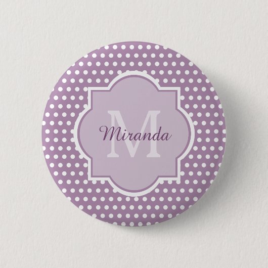 Badge Rond 5 Cm Pois pourpre monogramme et nom de lavande Girly (Devant)