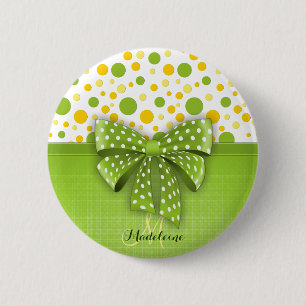 Badge Rond 5 Cm Pois verts et jaunes, ruban vert du printemps