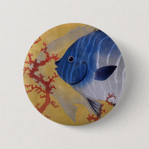 Badge Rond 5 Cm Poisson Bleu Tropical Vieille Corail Marin Vie Océ