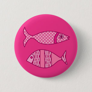 Badge Rond 5 Cm Poisson Moderne Rétro, Fuchsia, Rose Clair, Rose P