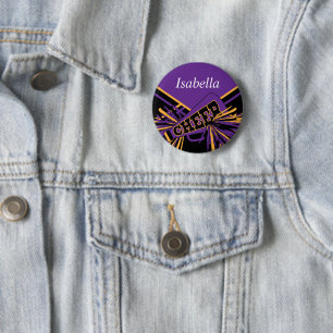 Badge Rond 5 Cm Pom-pom girl en violet, or et noir