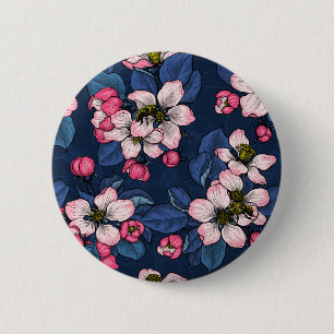 Badge Rond 5 Cm Pomme fleurit sur un bleu foncé
