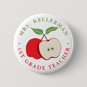 Badge Rond 5 Cm Pomme rouge avec le nom de l'enseignant et le grad
