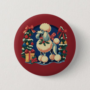 Badge Rond 5 Cm Poodle de Noël rétro vintage années 50 Chien de va